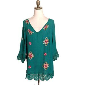 Kindred Anthropologie Blouse Plus Size 2X Embroidered Floral Green Crochet Trim